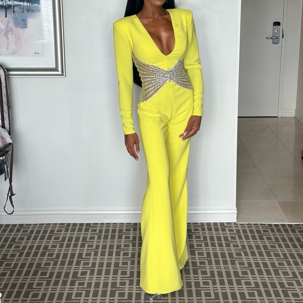 Jovani Yellow Elegant Jumpsuit with Plunging V-Neck